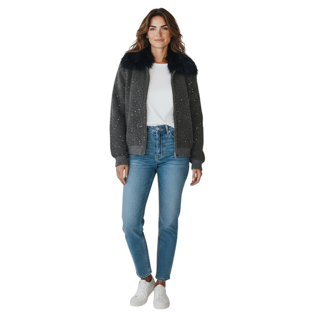 Fabiana Filippi Charcoal Grey Sequined Zip Front Sweater with Blue Fox Fur Collar
