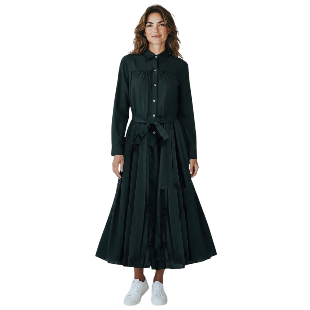Co Black Long Sleeved Drawstring Hem Button Front Long Shirtdress with Belt