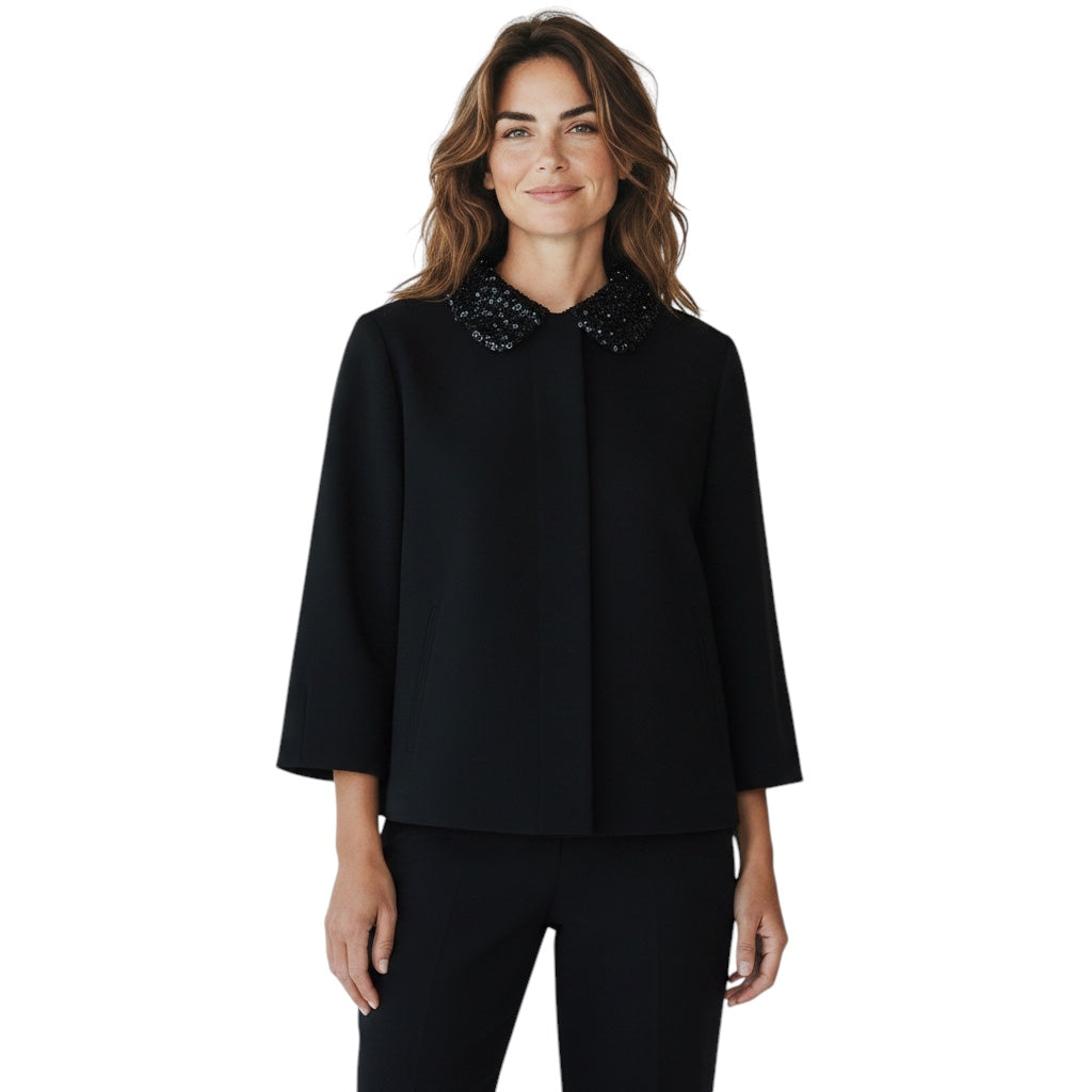 Andrew Gn Black Embellished Collar Button Front Crepe Jacket with Pleated Back