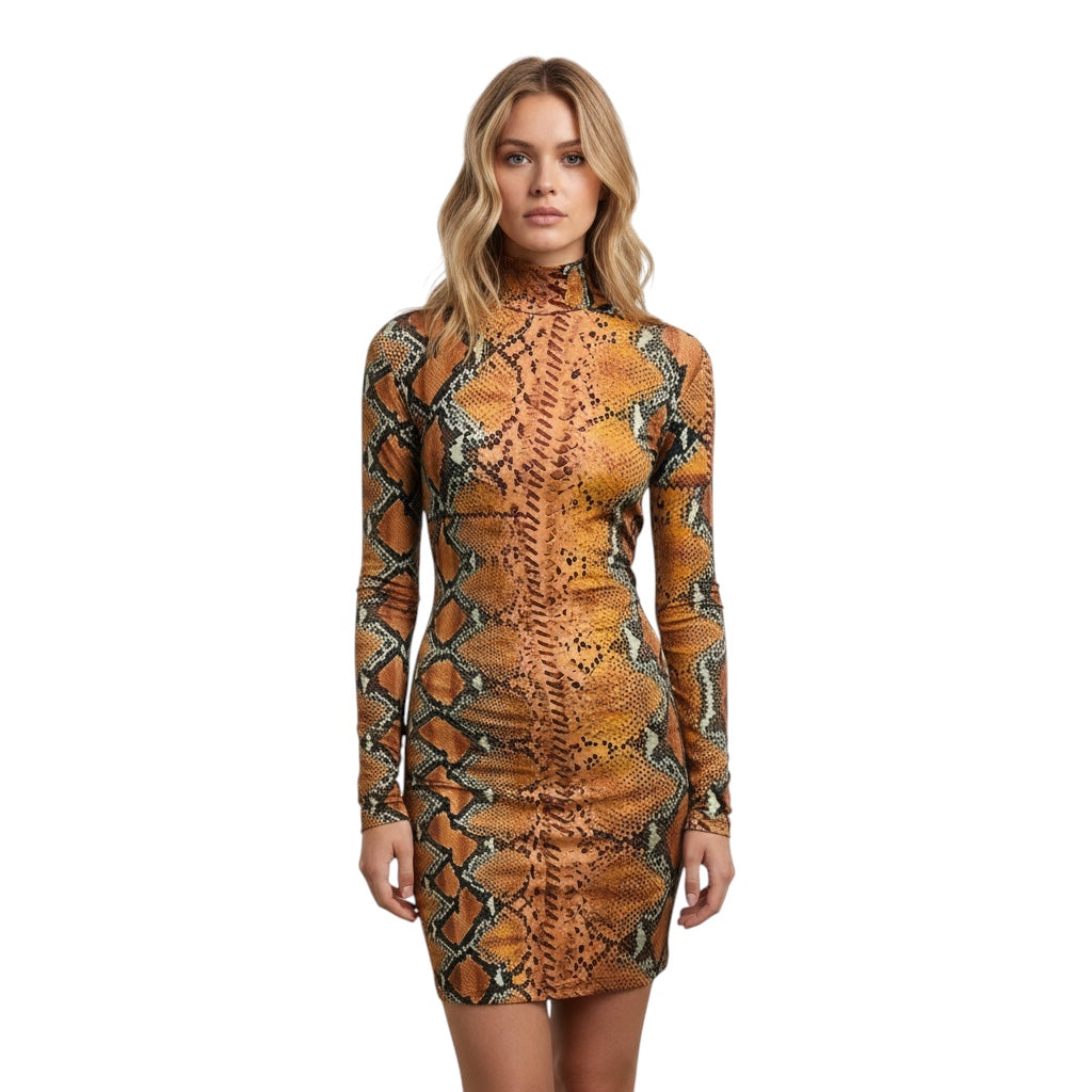Just Cavalli Brown Multi Reptile Snakeskin Animal Print Fitted Stretch Jersey Mini Dress