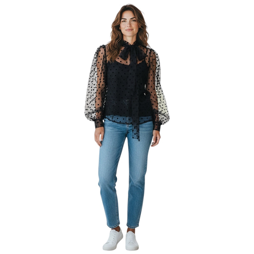Costarellos Black Pussy Bow Point D'Esprit Blouse