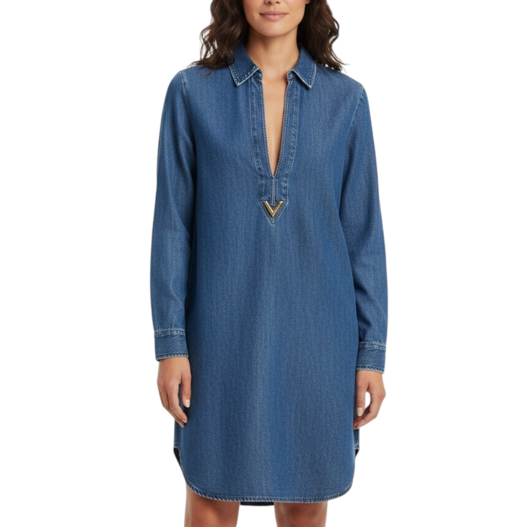 Valentino Blue Kaftan Denim Mini Dress with Gold VLogo Detail