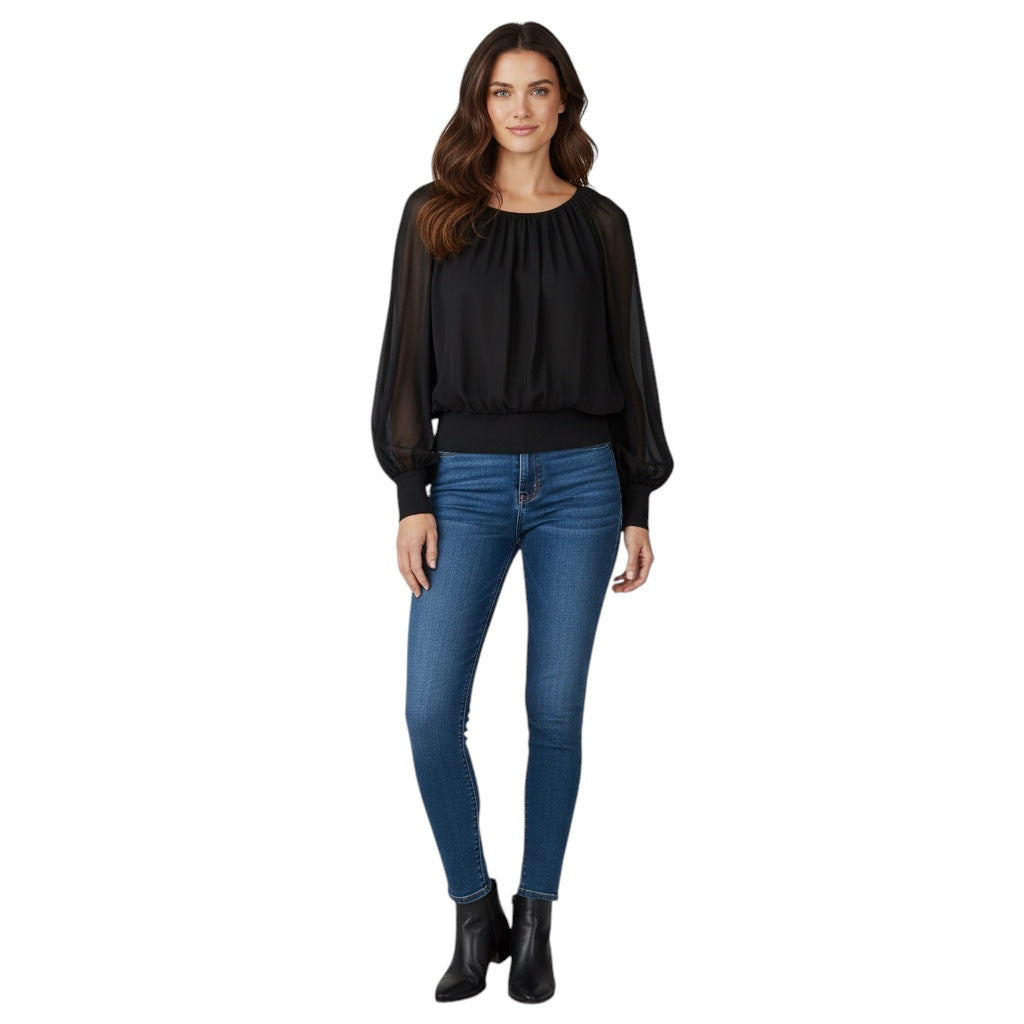 Lafayette 148 New York Black Long Sleeved Silk Chiffon Top with Elastic Waist