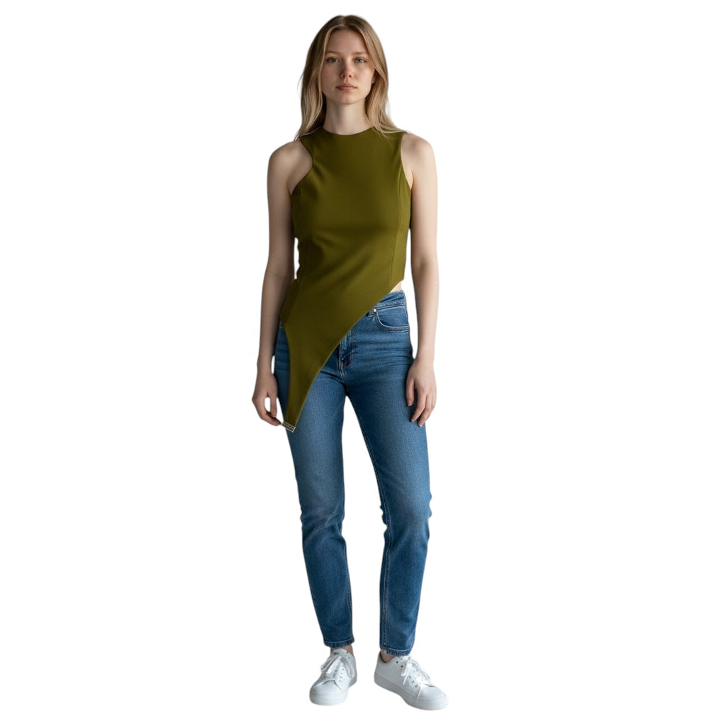 Mugler Khaki Green Asymmetric Sleeveless Crepe Top