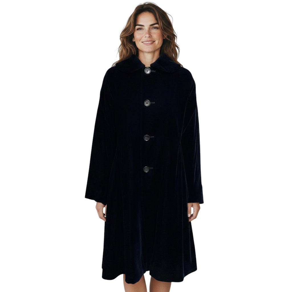 Comme des Garcons Navy Blue Button Front Mid-Length Velvet Coat