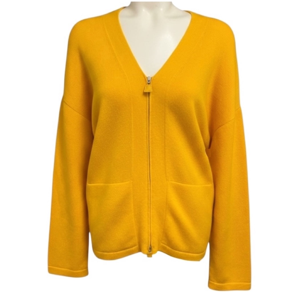 Akris Mustard Yellow Zip Front Cashmere Knit Sweater