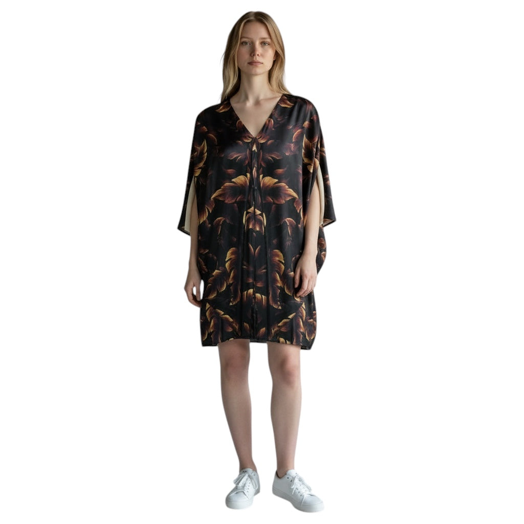 Lanvin Brown Multi Printed Draped Silk Dress with Open Sleeves
