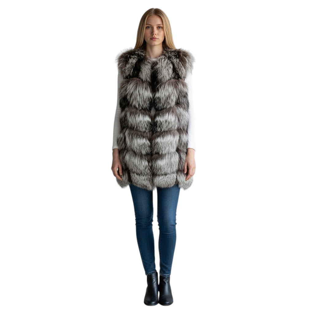 Yves Salomon Silver Fox Fur and Lamb Suede Vest