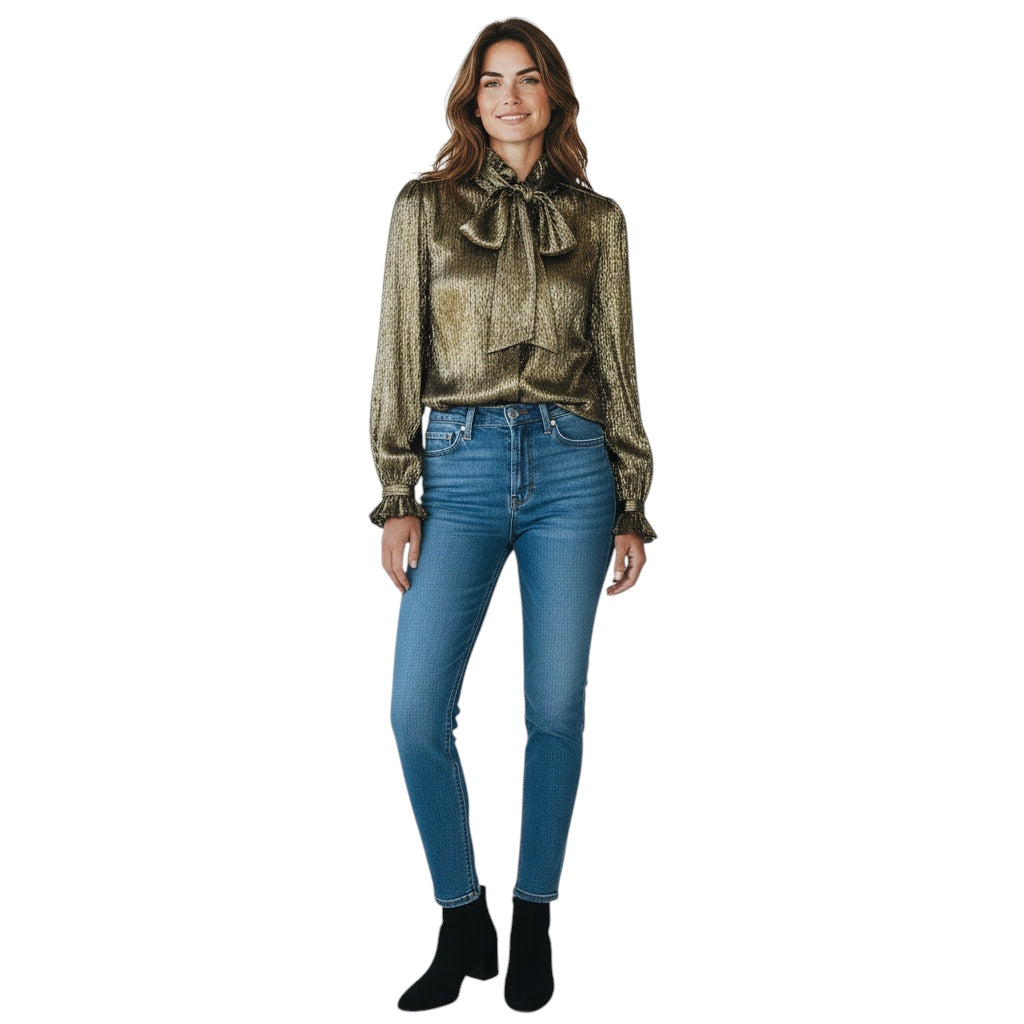 Chloe Gold Metallic Ruffled Tie Neck Lurex Blouse