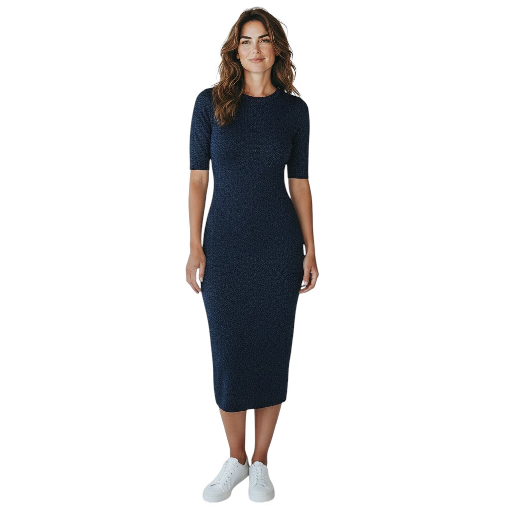 Ralph Lauren Collection Navy Blue Shimmer Knit Short Sleeved Fitted Midi Dress
