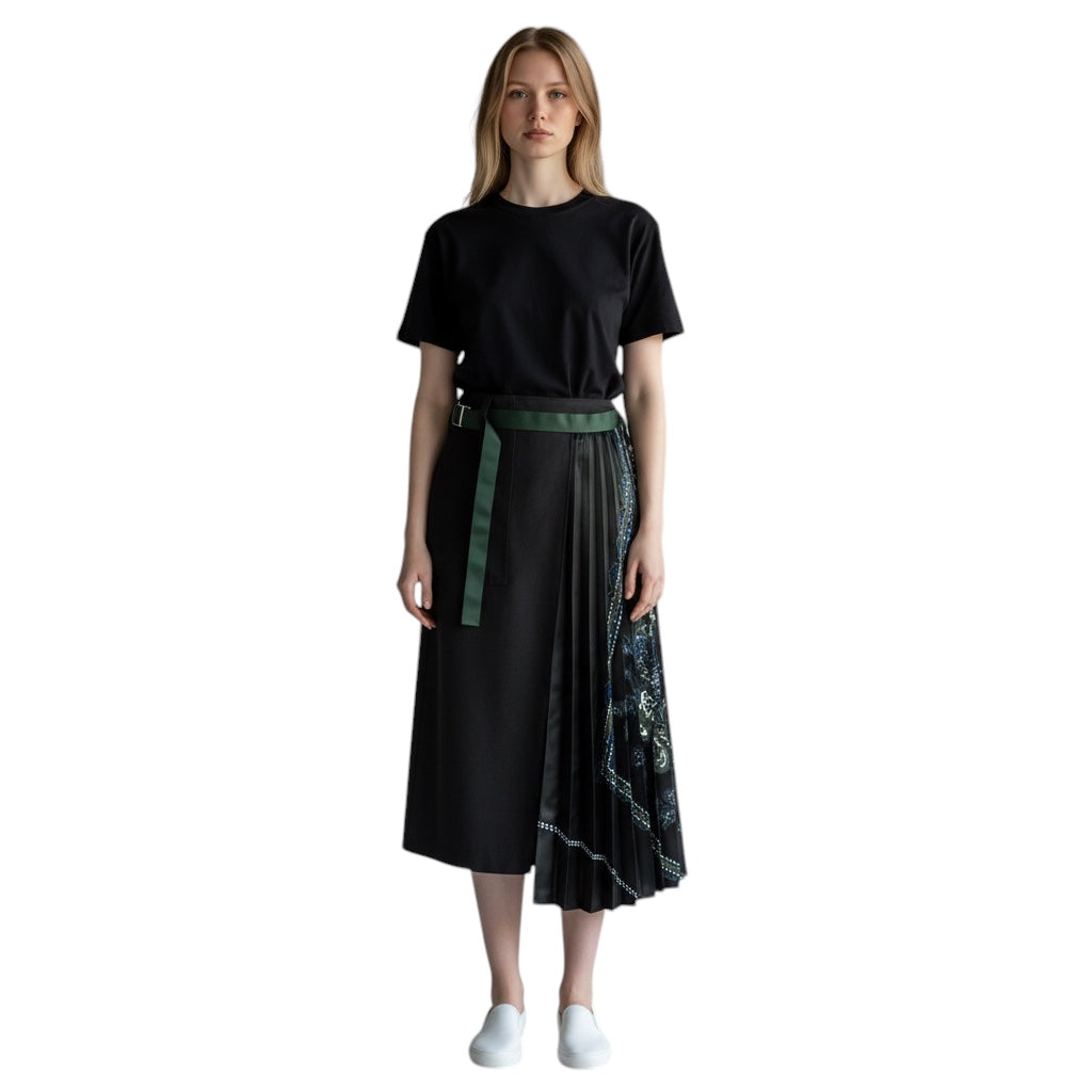 Sacai Charcoal Grey / Green Multi Suiting x Paisley Print Pleated Mixed Media Midi Skirt