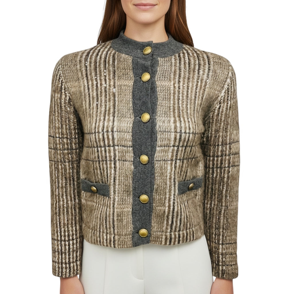 Brunello Cucinelli Taupe / Grey Sequined Cashmere Knit Cardigan Sweater