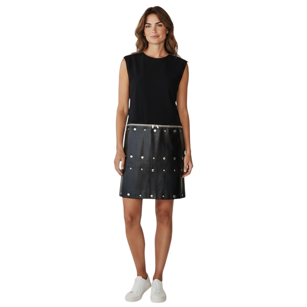 Sonia Rykiel Black / Silver Stud Embellished Crepe and Crinkled Leather Dress with Zipper Detail