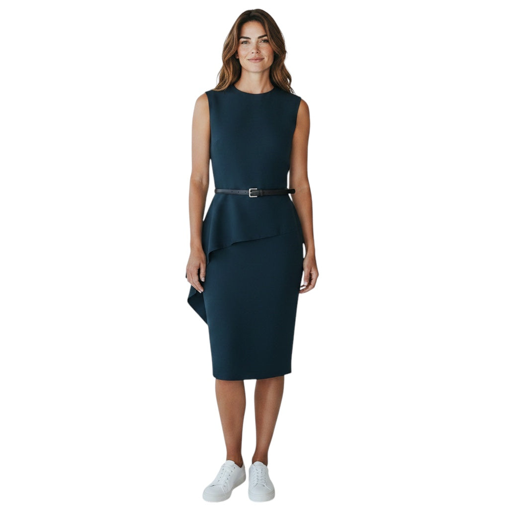 Christian Dior Teal Ruffled Sleeveless Crepe Fitted Midi Dress with Belt
