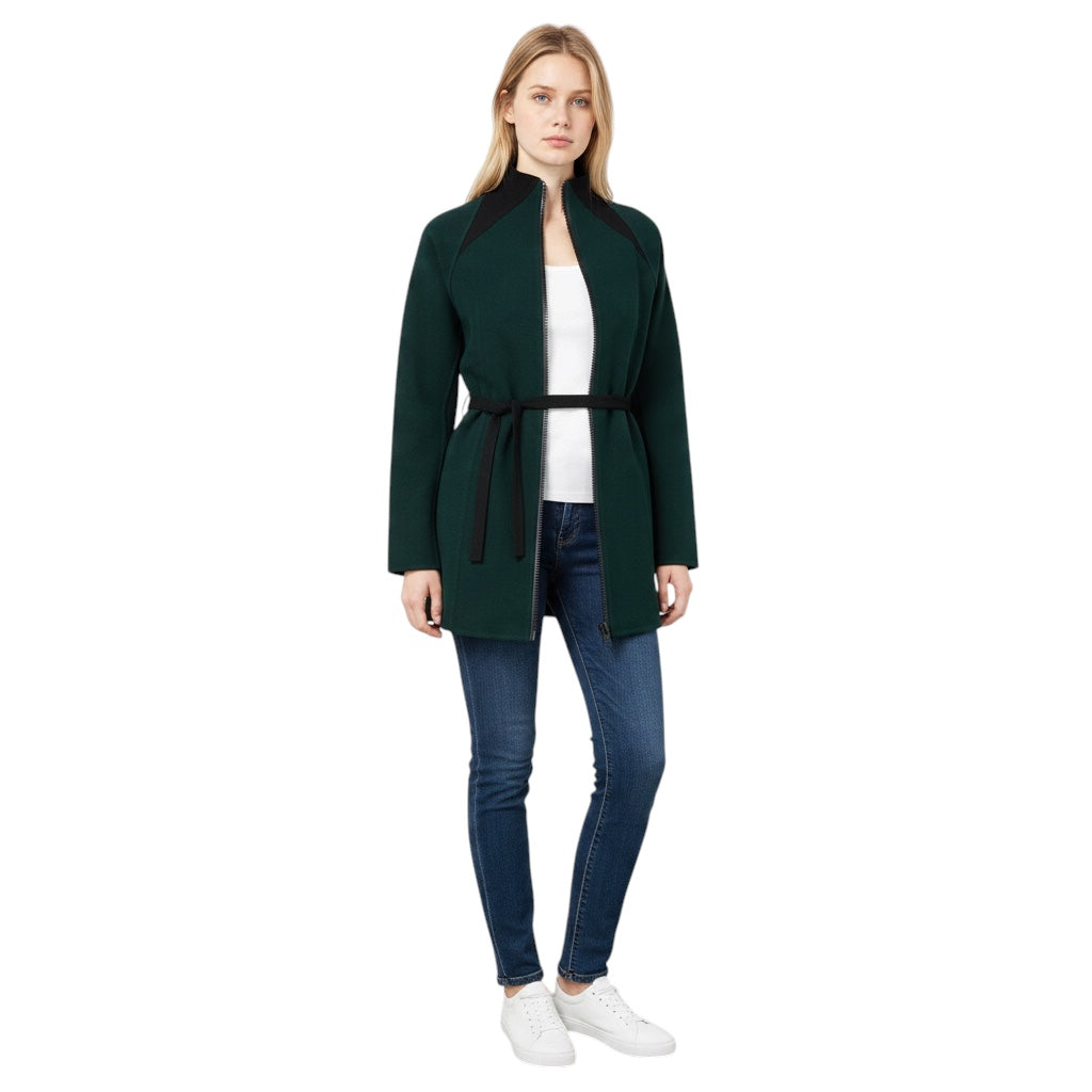 Geoffrey Beene Vintage Dark Green / Black Zip Front Wool Gauze Jacket with Belt