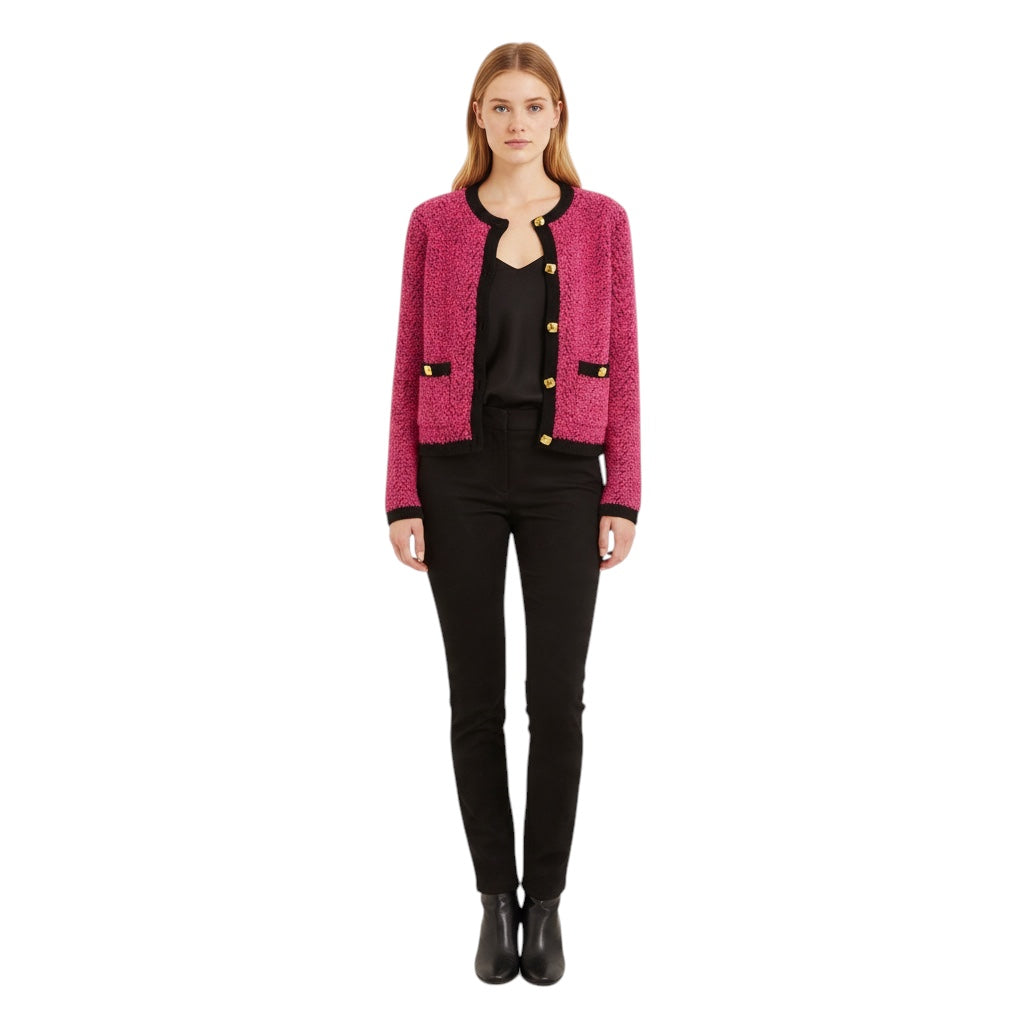 St. John Pink / Black Boucle Wool Knit Cardigan Sweater with Gold Buttons