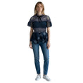 Load image into Gallery viewer, Self-Portrait Blue Short Sleeved Lace Top with Velvet Bow Detail
