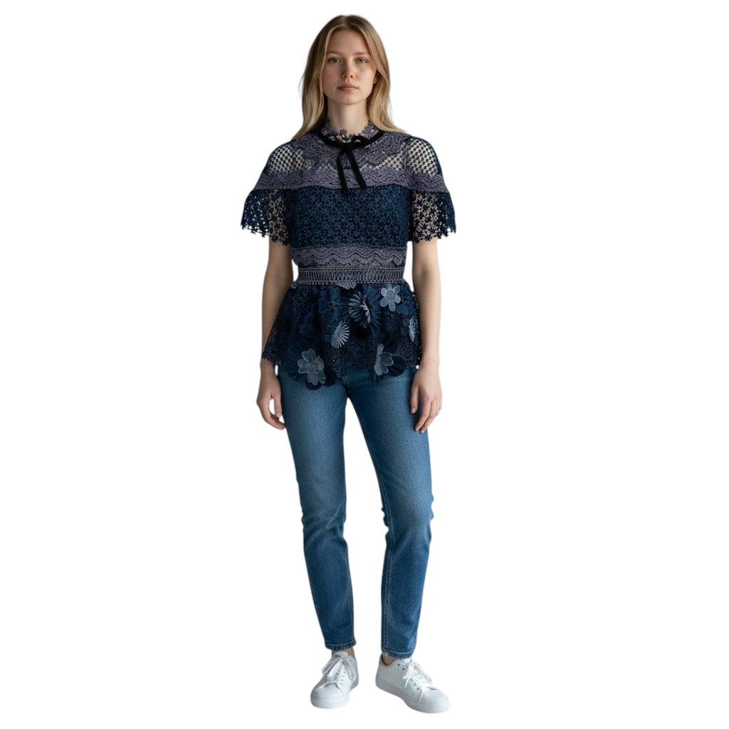 Self-Portrait Blue Short Sleeved Lace Top with Velvet Bow Detail