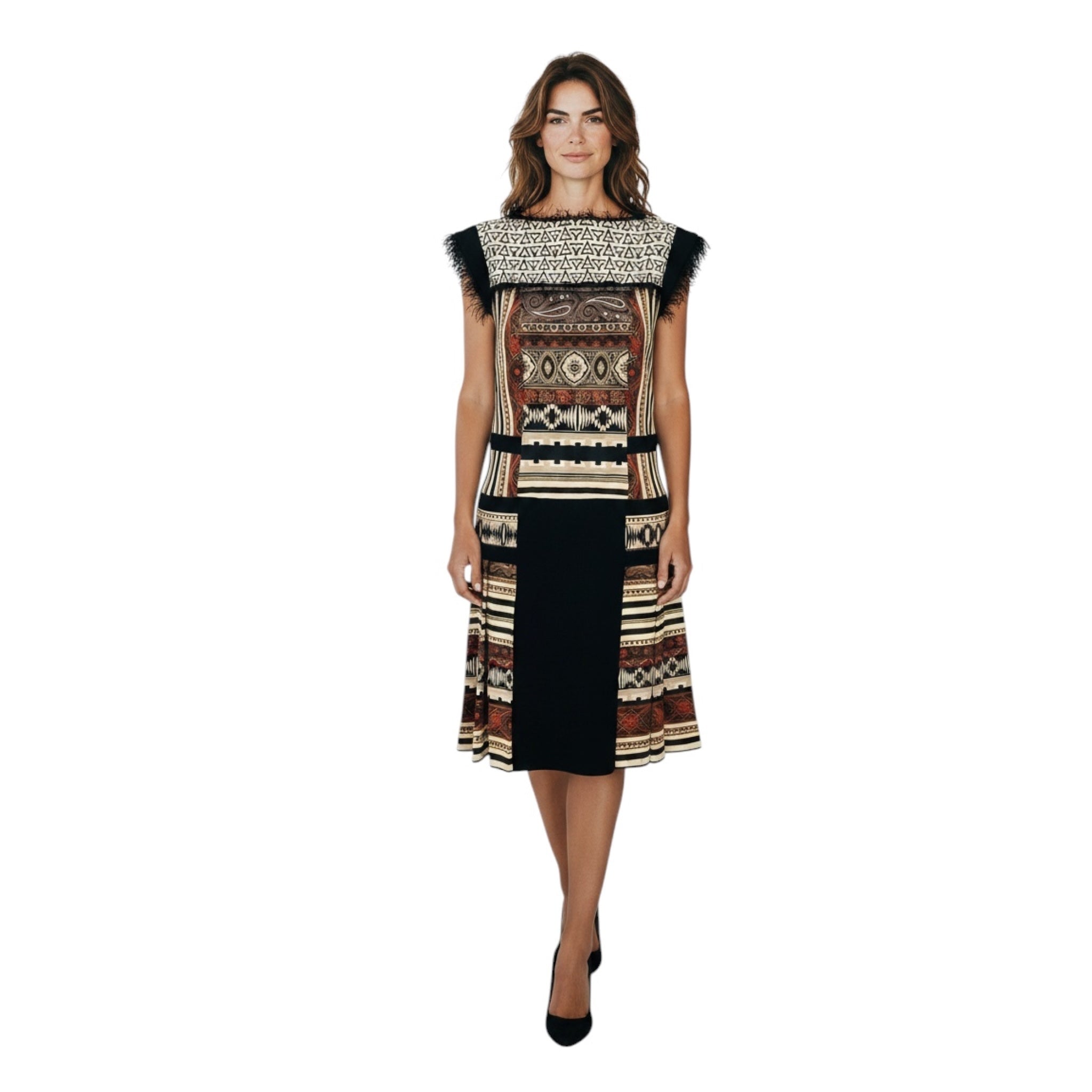 Etro Ivory / Black Multi Printed Pleated Dress with Fringed Trim