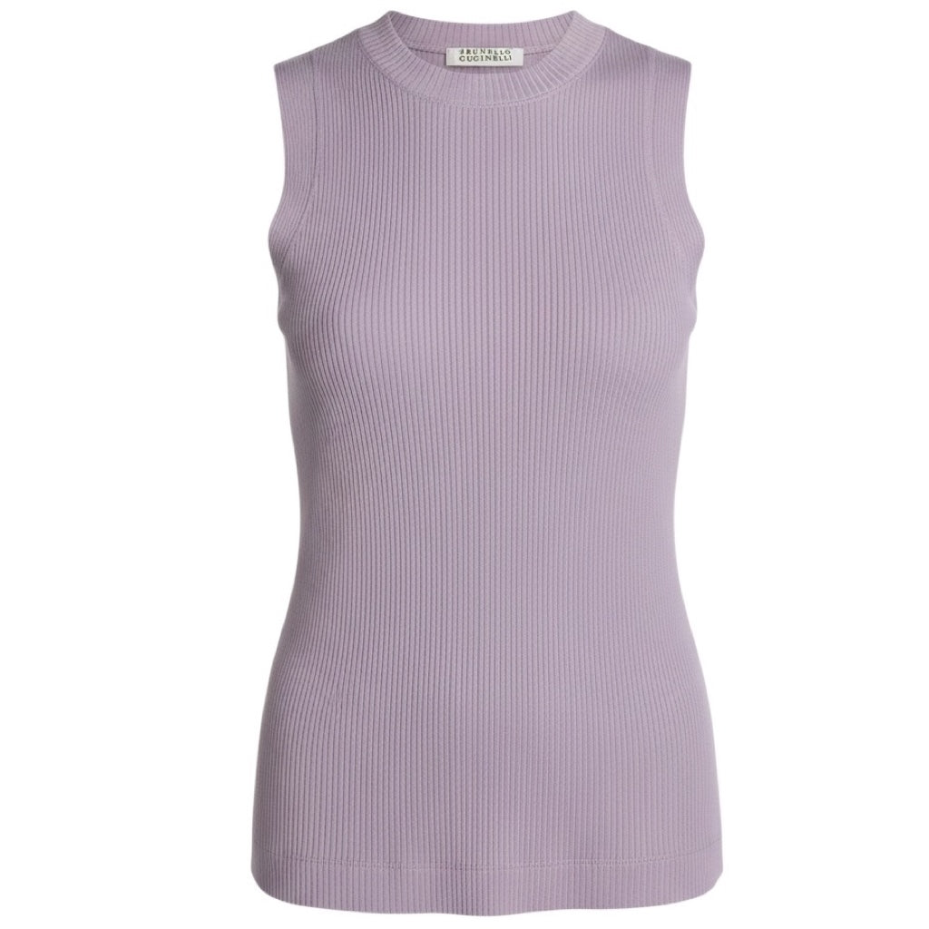 Brunello Cucinelli Lavender Ribbed Knit Cotton Jersey Crewneck Tank Top with Monili Chain