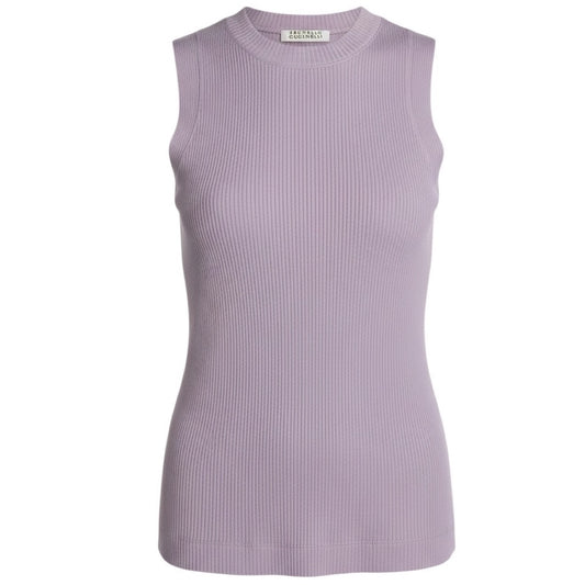 Brunello Cucinelli Lavender Ribbed Knit Cotton Jersey Crewneck Tank Top with Monili Chain