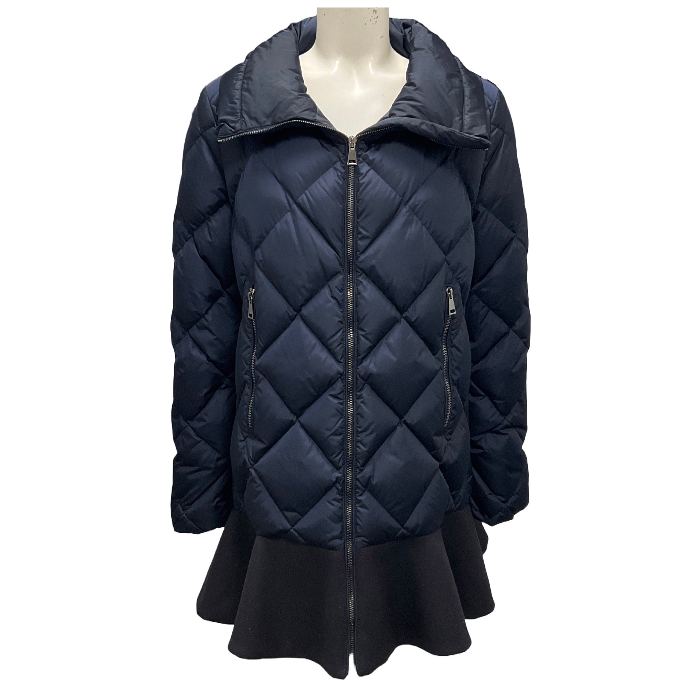 Moncler Navy Vouglans Flounce Hem Down Puffer Coat