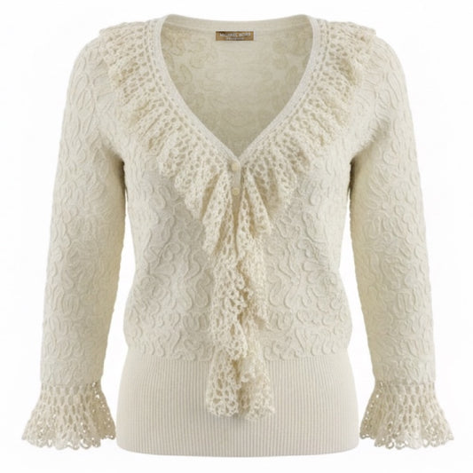 Michael Kors Collection White Soutache Stretch Viscose Top With Hand Knit Crochet Trim