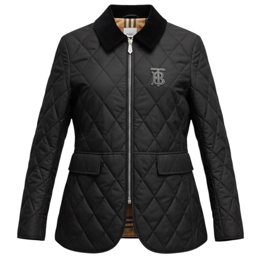 Burberry Navy Blue Quilted Zip Front Nova Check Lined Jacket with Patch Detail and Corduroy Collar