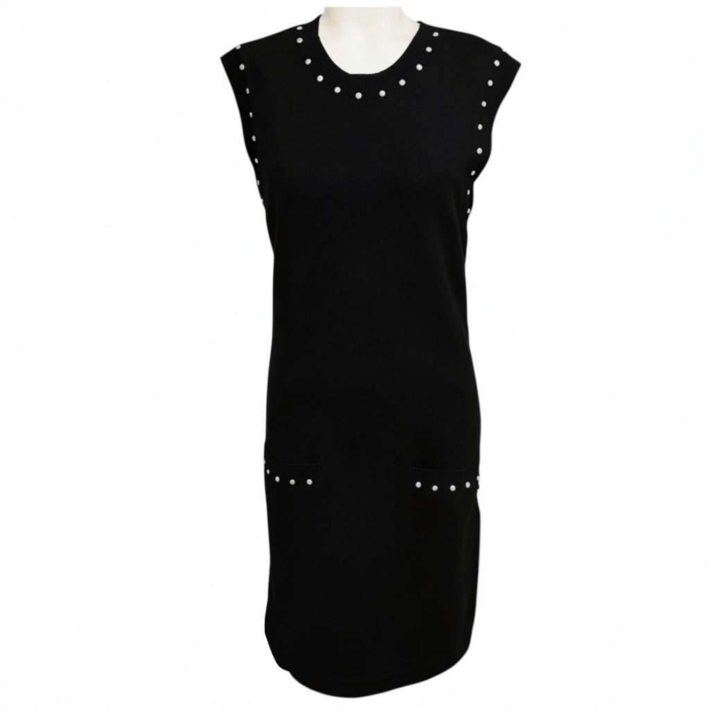 Chanel Black Faux Pearl Embellished Cotton and Cashmere Knit Dress with CC Logo Plate