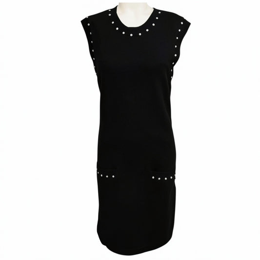 Chanel Black Faux Pearl Embellished Cotton and Cashmere Knit Dress with CC Logo Plate
