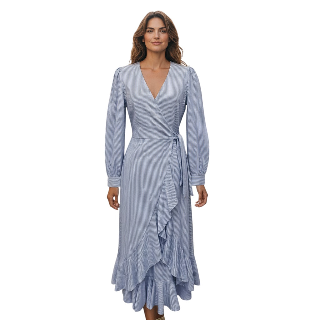 Evi Grintela Light Blue / White Striped Cotton Wrap Midi Dress