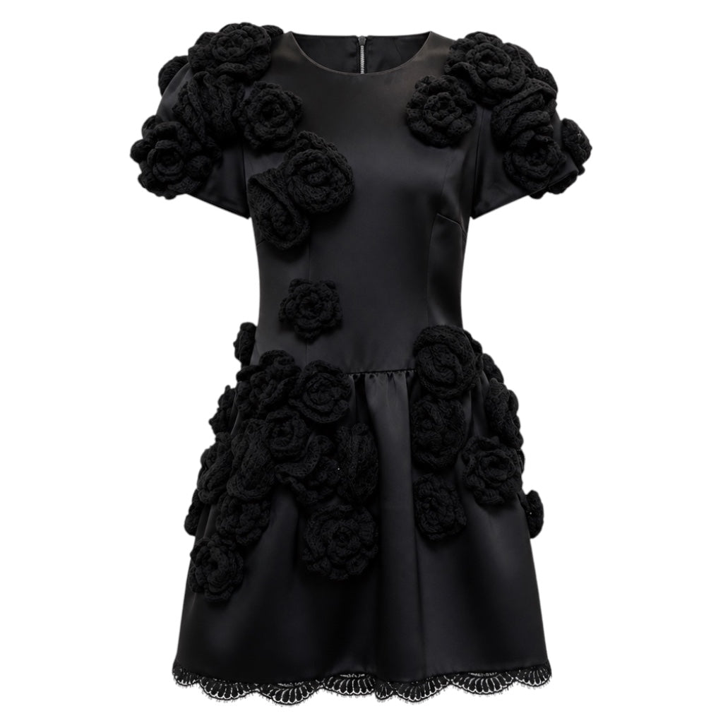 Dolce & Gabbana Black Floral Knit Applique Satin Mini Dress