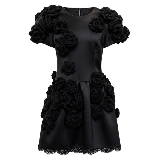Dolce & Gabbana Black Floral Knit Applique Satin Mini Dress
