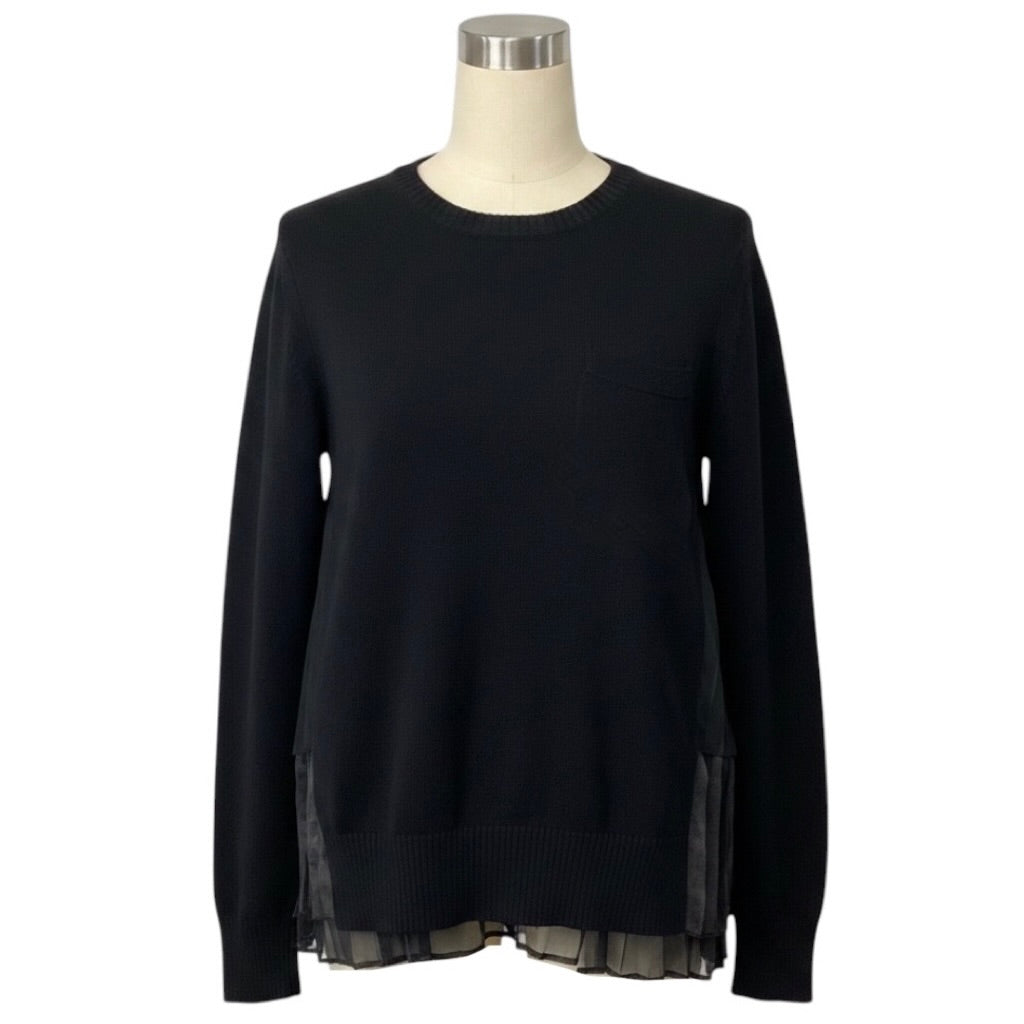 Sacai Black Wool Knit Pullover Sweater with Pleated Sheer Back