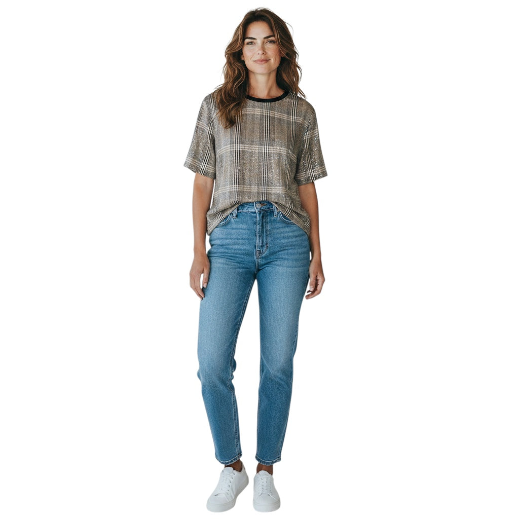 3.1 Phillip Lim Brown Multi Sequin Plaid Boxy Tee