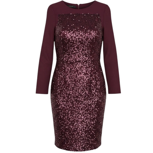 Elie Saab Burgundy Sequined Long Sleeved Crepe Midi Cocktail Dress 