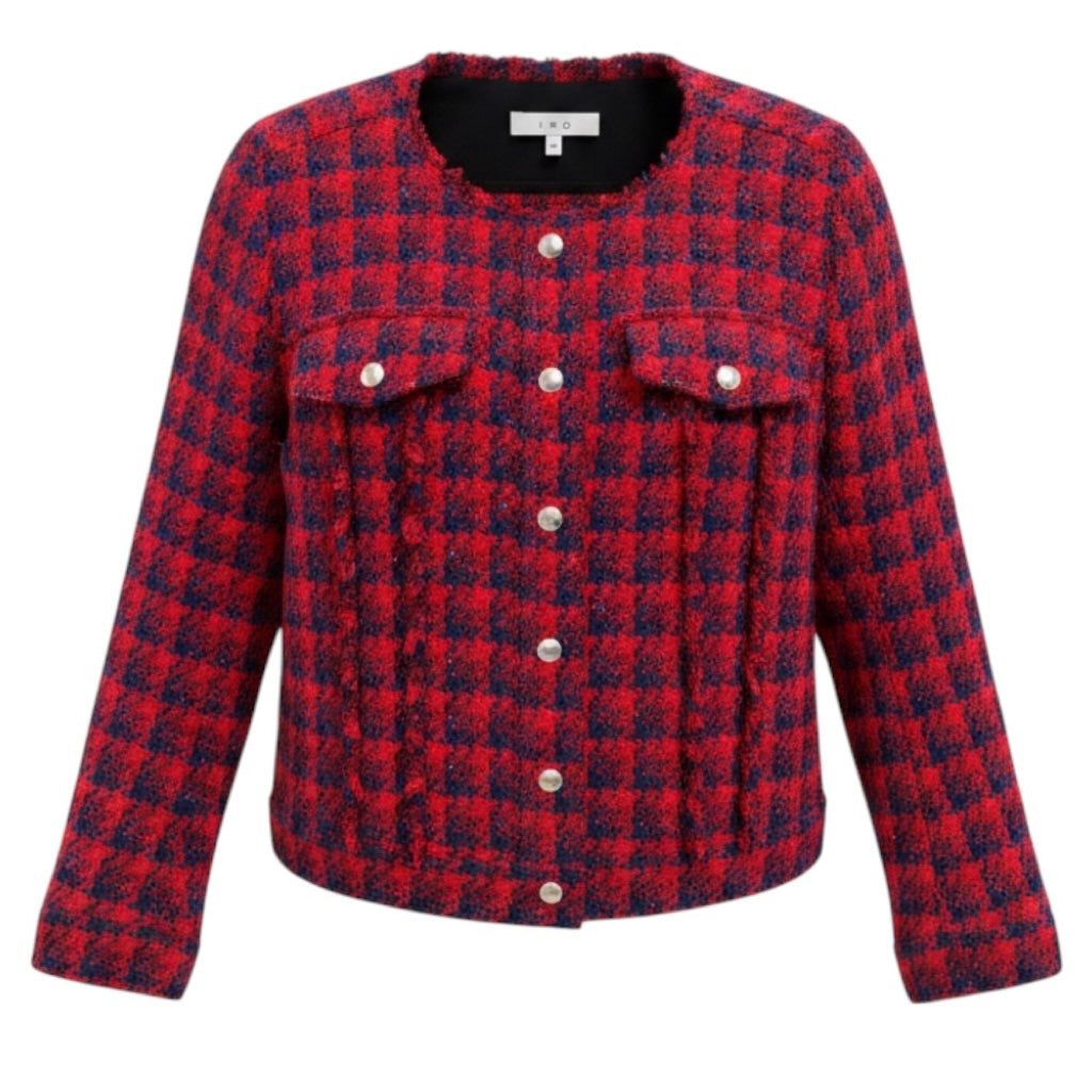 Iro Red / Blue Quilombe Metallic Frayed Tweed Blazer Jacket