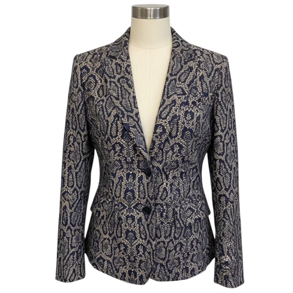 Ikram Navy Blue / Ivory Ikat Jacquard Two Button Blazer Jacket