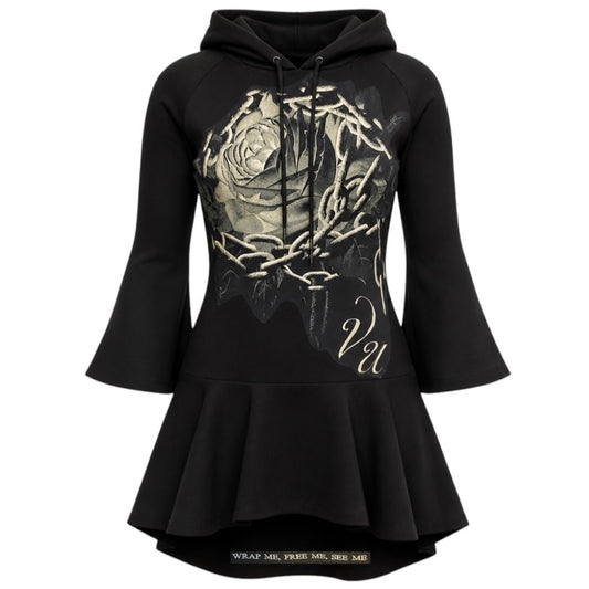 Valentino Black Rose Printed Peplum Hoodie / Mini Dress