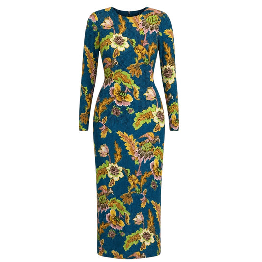 La DoubleJ Blue Petrol Devore Velvet Lark Long Sleeve Swing Dress