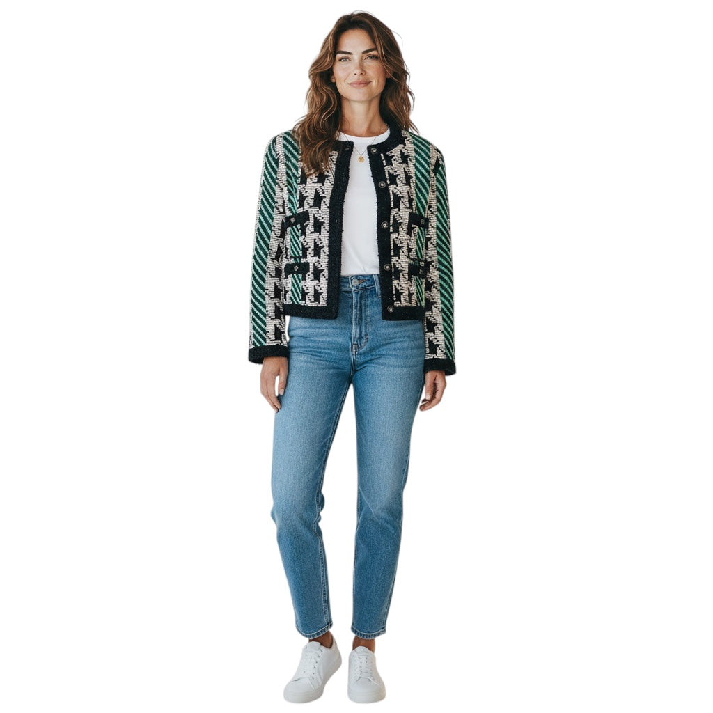 Chanel Green / White / Black Paris-Manchester 2024 Metiers d’Art Houndstooth Wool and Cashmere Knit Sweater Jacket with CC Logo Buttons