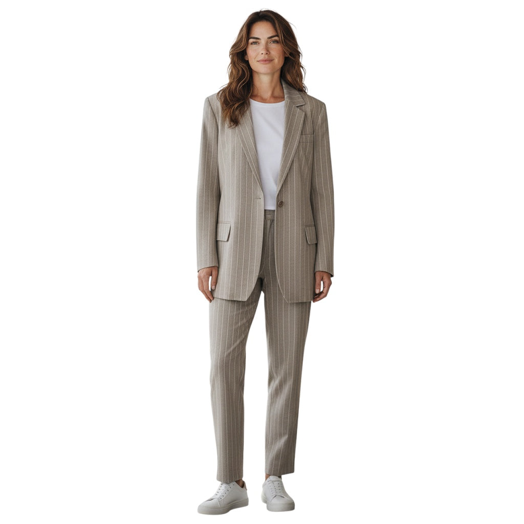 Lorena Antoniazzi Beige Pinstriped Wool Jacket and Skinny Leg Trousers