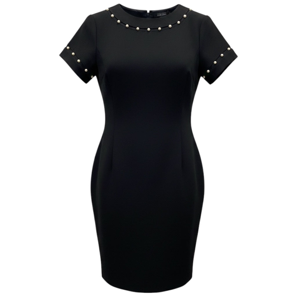 Teri Jon by Rickie Freeman Black Faux Pearl Embellished Short Sleeved Crepe Dress