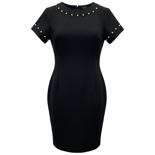 Teri Jon by Rickie Freeman Black Faux Pearl Embellished Short Sleeved Crepe Dress