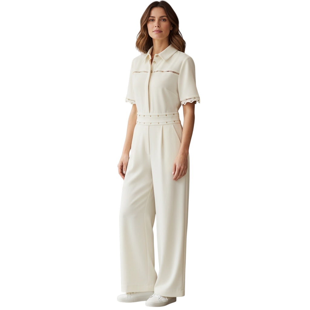 Elie Saab Ivory / Gold Hardware Short Sleeved Crepe Jumpsuit