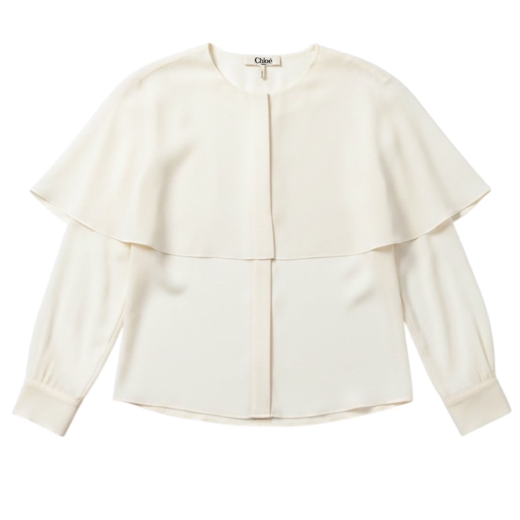 Chloe Ivory Caped Button Front Silk Chiffon Blouse in Pristine White