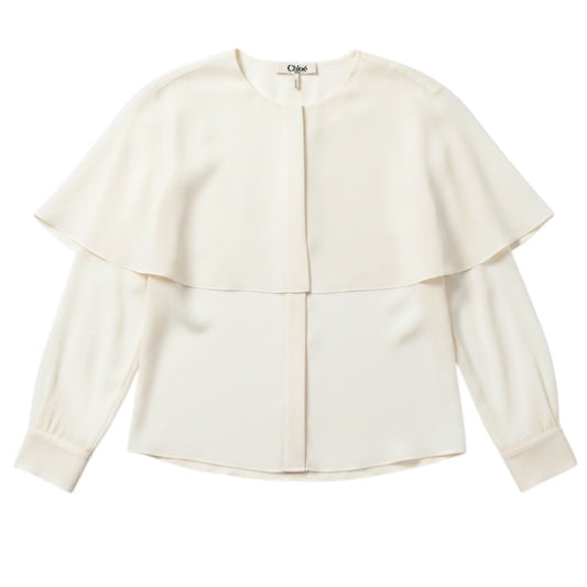 Chloe Ivory Caped Button Front Silk Chiffon Blouse in Pristine White