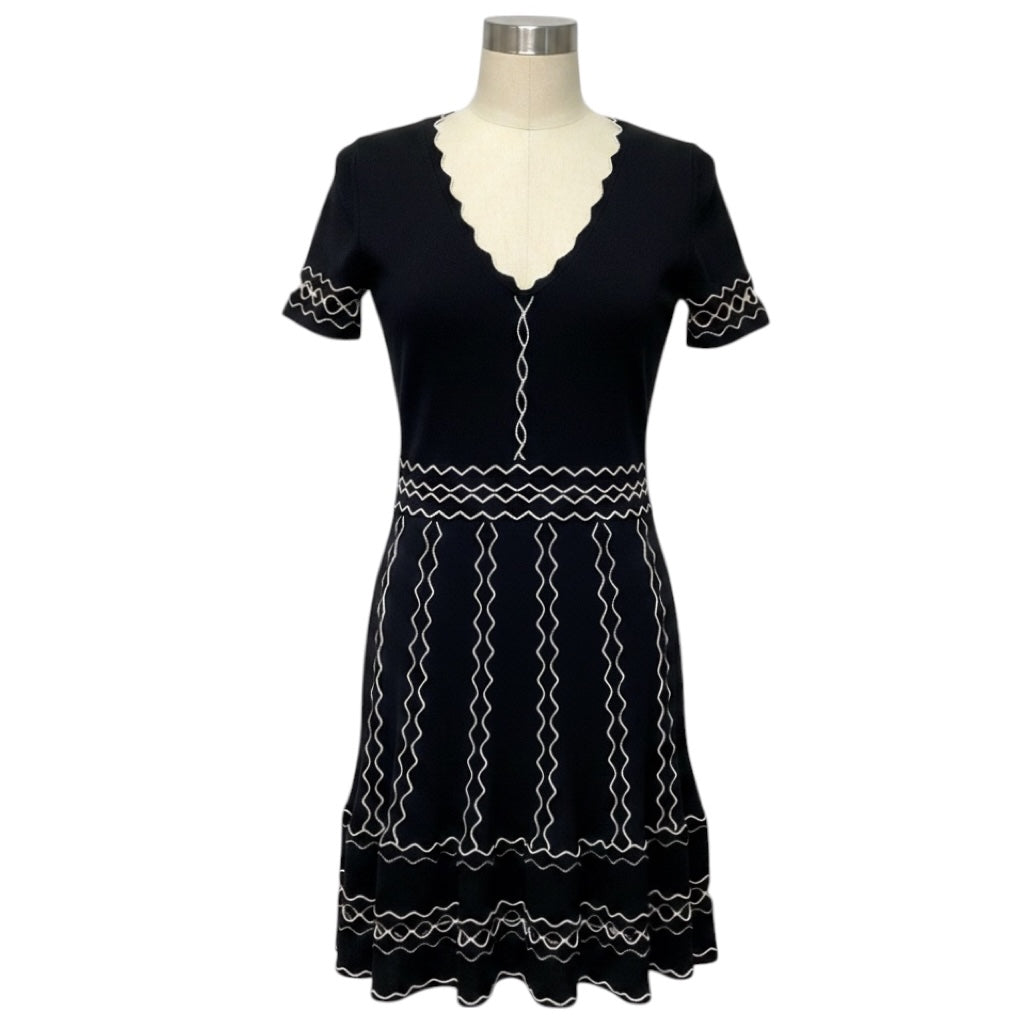 Alexander McQueen Black / White Stitched Short Sleeved Flared Knit Dress with Cut Out Detail
