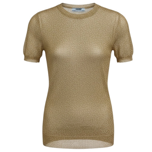 Prada Gold Metallic Short Sleeved Woven Sheer Knit Sweater