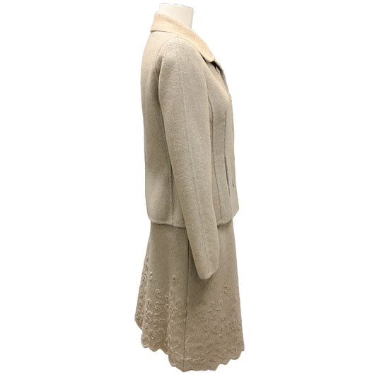 Oscar de la Renta Vintage Beige Cashmere Tweed Jacket and Skirt Suit Set